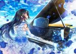  bang_dream! bangs black_hair blue_dress blue_flower blue_gloves blue_rose closed_eyes commentary_request day dress elbow_gloves fingerless_gloves flower frilled_dress frills gloves grand_piano hair_blowing instrument long_hair music open_mouth outdoors pearl petals piano playing_instrument playing_piano rose shirokane_rinko smile solo tsurugi_hikaru 