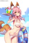  animal_ear_fluff animal_ears areolae bangs bare_shoulders bendy_straw bikini blue_bow blue_sky blush bow bracelet breastless_clothes breasts brown_eyes censored closed_mouth cloud cloudy_sky collarbone colored_pubic_hair crotchless crotchless_clothes cup day drink drinking_glass drinking_straw eyebrows_visible_through_hair fate/grand_order fate_(series) fingernails food fox_ears fox_girl fox_tail hair_between_eyes hair_bow hand_up holding holding_tray hong_(white_spider) ice_cream ice_cream_float innertube jewelry large_breasts light_censor long_hair looking_at_viewer nail_polish navel pink_hair pubic_hair red_nails side-tie_bikini signature sky solo swimsuit tail tamamo_(fate)_(all) tamamo_no_mae_(swimsuit_lancer)_(fate) transparent tray wafer_stick white_bikini 
