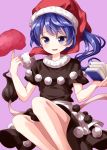  :d apron bangs black_dress blob blue_eyes blue_hair blush book breasts commentary_request doremy_sweet dress eyebrows_visible_through_hair feet_out_of_frame hands_up hat highres holding holding_book index_finger_raised knees_up long_hair looking_at_viewer medium_breasts open_mouth pom_pom_(clothes) ponytail purple_background red_hat ruu_(tksymkw) santa_hat short_sleeves simple_background smile solo tail tapir_tail thighs touhou waist_apron white_apron 