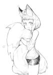  ahoge animal_ear_fluff animal_ears bangs bare_legs between_legs bike_shorts blunt_bangs blush cowboy_shot fox fox_ears fox_girl fox_girl_(jaco) fox_tail greyscale holding_own_tail jaco large_tail looking_at_viewer monochrome off_shoulder original short_hair short_hair_with_long_locks short_sleeves sidelocks simple_background solo standing sweater tail tail_between_legs tail_hug thick_eyebrows white_background 