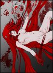  big_breasts blood blood_on_hand blood_spatter bowsermiky breasts diclonius elfen_lied female hair hair_over_eye handprint horn humanoid long_hair lucy_(elfen_lied) mask navel not_furry nude red_eyes red_hair solo 