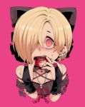  bags_under_eyes bare_shoulders black_bow black_dress black_nails blonde_hair blood blood_from_mouth blood_on_face bow bridal_gauntlets commentary_request dress ear_piercing finger_in_mouth finger_licking hair_bow hair_over_one_eye idolmaster idolmaster_cinderella_girls licking looking_at_viewer nail_polish piercing pink_background red_eyes saliva shirasaka_koume short_hair simple_background skull_necklace solo takatoo_kurosuke 