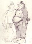  anthro balls bd belly bulge canine clothed clothing dog duo flaccis fur half-closed_eyes legwear male male/male mammal overweight overweight_male pencil_(artwork) penis shaggy_hair shirt slightly_chubby smile socks standing tank_top traditional_media_(artwork) underwear 