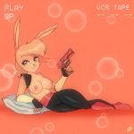  2018 anime anthro black_bottomwear black_clothing bluethebone breasts brown_fur bubble clothed clothing daniah_(kittykola_) digital_media_(artwork) eyelashes eyeshadow female fur gun hare lagomorph long_ears looking_at_viewer lying makeup mammal nipples nude on_side pillow pink_nose presenting rabbit ranged_weapon retro shiny signature simple_background smile solo tan_fur topless vcr weapon whiskers yellow_eyes 