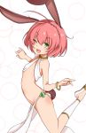  ahoge animal_ears arched_back arms_up bikini_top bracelet braid bunny_ears bunny_tail cherry_boy_takashi choker commentary_request flat_chest from_side green_eyes highres isekai_maou_to_shoukan_shoujo_dorei_majutsu jewelry leg_up leg_warmers loincloth navel one_eye_closed open_mouth panties pink_hair shoes short_hair simple_background smile solo sylvie_(isekai_maou_to_shoukan_shoujo_dorei_majutsu) tail underwear white_background white_panties 