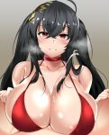  1girl ahoge areola_slip areolae azur_lane bangs bare_shoulders black_hair blush breasts choker cleavage cocktail_dress collarbone commentary_request cube_(circussion) cum dress ejaculation ejaculation_between_breasts eyebrows_visible_through_hair hair_between_eyes hair_ornament heavy_breathing hetero huge_breasts long_hair looking_at_viewer motion_lines paizuri paizuri_under_clothes parted_lips pov red_choker red_dress red_eyes smile solo_focus taihou_(azur_lane) 