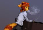  2018 anthro canine clothed clothing eri_washington_(panzery25) female fox furgonomics grey_background hair_tie mammal panzery25 rear_view signature simple_background smoke smoking solo standing tail_clothing 