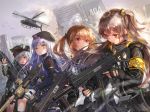  404_(girls_frontline) 4girls :3 absurdres aircraft animal assault_rifle bangs belt_pouch beret bird black_bow black_eyes black_gloves black_hat black_jacket black_legwear black_shorts black_skirt blonde_hair blurry_foreground bow brown_hair building city cityscape commentary_request cowboy_shot cross_hair_ornament day expressionless eyebrows_visible_through_hair eyes_closed facial_mark fingerless_gloves flock g11 g11_(girls_frontline) girls_frontline gloves green_eyes green_hat grey_sky group gun h&amp;k_ump hair_bow hair_ornament hairclip hand_up hat heckler_&amp;_koch helicopter highres hk416 hk416_(girls_frontline) holding holding_gun holding_weapon huge_filesize jacket leg_belt long_hair long_sleeves looking_at_another looking_at_viewer looking_down miniskirt motion_blur multiple_girls one_side_up open_clothes open_jacket open_mouth orange_eyes outdoors plaid plaid_skirt pleated_skirt pouch purple_jacket red_eyes rifle ruins sakura_honoka_(srhk0623) scar scar_across_eye shirt short_shorts shorts side-by-side sidelocks silver_hair skirt smile smoke submachine_gun sunlight tagme_(artist) thighhighs twintails ump-45_(girls_frontline) ump-9_(girls_frontline) ump45_(girls_frontline) ump9_(girls_frontline) uneven_eyes v-shaped_eyebrows weapon white_gloves white_hair white_shirt zettai_ryouiki 