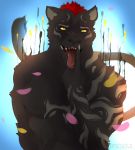  2018 abs anthro biceps black_fur black_nose claws digital_drawing_(artwork) digital_media_(artwork) epic_soul feline fur grey_fur hair looking_at_viewer male mammal muscular muscular_male nipples open_mouth panther pecs red_hair scar simple_background smile solo teeth tongue tongue_out yellow_eyes 