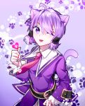  ahoge aisha_(elsword) animal_ears belt cat_ears cat_tail chuki_(lydia) elsword heart highres long_sleeves necktie one_eye_closed paw_print purple_eyes purple_hair short_hair tail 