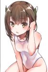  brown_eyes brown_hair collarbone competition_swimsuit covered_navel cowboy_shot flat_chest headgear kantai_collection konnyaku_(kk-monmon) leaning_forward looking_at_viewer one-piece_swimsuit simple_background solo swimsuit taihou_(kantai_collection) white_background white_swimsuit 