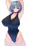  armpits arms_up ass_visible_through_thighs blue_hair breasts cleavage commentary_request covered_nipples curvy groin highres hips huge_breasts light_smile looking_at_viewer masao original red_eyes short_hair simple_background solo swimsuit thick_thighs thighs white_background 