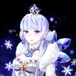  aisha_(elsword) bangs blue_hair blunt_bangs chuki_(lydia) cross crown dark_background detached_collar earrings elsword fur_collar gold_trim highres ice ice_wings jewelry long_hair looking_at_viewer pale_skin purple_eyes side_bun smile snowflakes wings 