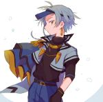  ahoge belt black_gloves black_shirt blue_capelet blue_pants braid capelet clawitzer earrings epaulettes gloves jewelry light_blue_hair male_focus moro_sorano pants personification pokemon shirt sketch solo standing visor_cap yellow_eyes 