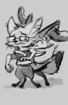  2018 ambiguous_gender anthro bluedouble braixen canine clothed clothing duo eyewear fennec fox glasses grey_background greyscale holding_object hug hugging_from_behind male mammal monochrome nintendo pok&eacute;mon pok&eacute;mon_(species) simple_background standing video_games 