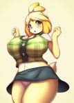  2018 animal_crossing anthro big_breasts blush breasts canine clothed clothing dog female fur isabelle_(animal_crossing) looking_at_viewer mammal navel nintendo no_underwear pussy shih_tzu shirt skirt solo tailzkim upskirt video_games white_fur yellow_fur 