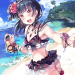  :d ass beach bikini bikini_skirt black_bikini black_hair black_neckwear blush bow bowtie bracelet breasts choker cleavage collarbone day earrings floral_print flower footwear_removed hair_flower hair_ornament hair_ribbon holding_footwear jewelry long_hair looking_at_viewer love_live! love_live!_sunshine!! necklace ocean open_mouth outdoors pink_flower pink_rose print_bikini purple_eyes ribbon rose sandals smile solo striped striped_neckwear swimsuit thigh_strap tipii tsushima_yoshiko twisted_torso upper_teeth wrist_flower 