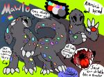  6_legs ambiguous_gender black_eyes claws fur grey_fur halvid9508 mawlo_(halvid9508) model_sheet monster multicolored_fur open_mouth red_paws simple_background smile solo_focus spots taur teeth throat tongue 