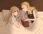  alternate_hairstyle assam bed_sheet box closed_mouth commentary darjeeling eyebrows_visible_through_hair girls_und_panzer hair_down holding holding_box long_hair looking_at_another lying multiple_girls nightgown on_bed on_side parted_lips pillow smile torinone 