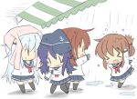  &gt;_&lt; akatsuki_(kantai_collection) anchor_symbol black_legwear blue_sailor_collar blue_skirt brown_hair chibi closed_eyes commentary flat_cap folded_ponytail hat hibiki_(kantai_collection) hizuki_yayoi ikazuchi_(kantai_collection) inazuma_(kantai_collection) kantai_collection kneehighs multiple_girls neckerchief pantyhose pink_towel pleated_skirt purple_hair rain red_neckwear sailor_collar short_hair silver_hair skirt thighhighs towel towel_on_head wet wet_clothes |_| 