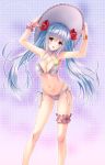  :d arms_up bikini blue_hair blush bracelet breasts cleavage collarbone eyebrows_visible_through_hair floating_hair flower hair_between_eyes hair_flower hair_ornament halterneck hat head_tilt hibiscus highres jewelry kimizuka_aoi large_breasts long_hair looking_at_viewer multi-strapped_bikini navel open_mouth original purple_eyes red_flower ribbon shiny shiny_skin side-tie_bikini sideboob smile solo standing sun_hat swimsuit thigh_strap twintails very_long_hair white_bikini white_hat white_ribbon wrist_cuffs 