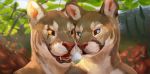  anthro blindcoyote blue_eyes cougar digital_media_(artwork) duo feline female green_eyes heterochromia hi_res male mammal nude open_mouth outside skan_drake skanita_drake smile yellow_sclera 