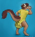  anthro biped cup diaper dragon drinking feces fur hair holding_object horn male messy_diaper rear_view sagging_diaper scalie scat soiling solo standing starbuck stinkslinky western_dragon 