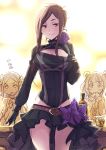  @_@ alcohol bangs beatrice_(princess_principal) belt black_gloves blush bottle bow breast_envy breasts brown_hair cleavage_cutout clenched_teeth closed_mouth dorothy_(princess_principal) double_bun eyebrows_visible_through_hair flower glass gloves grin hair_flower hair_ornament large_breasts leotard long_hair long_sleeves looking_at_viewer multiple_girls parted_bangs partially_colored princess_principal purple_bow purple_eyes sidelocks skirt smile standing swept_bangs teeth toudou_chise tsuta_no_ha v-shaped_eyebrows whiskey 