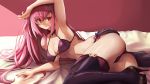  adapted_costume arm_up armpits ass bed boots bra breasts cleavage commentary_request fate/grand_order fate_(series) fingernails gae_bolg hair_intakes high_heels large_breasts light_smile long_hair looking_at_viewer lying panties purple_hair red_background red_eyes scathach_(fate)_(all) scathach_(fate/grand_order) side-tie_panties solo srsojiro thigh_boots thighhighs underwear 