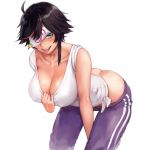  ahoge ass bare_shoulders bent_over black_hair blue_eyes blush breasts collarbone commentary_request covered_nipples covering_eyes hanging_breasts large_breasts leaning_forward looking_at_viewer minori_yumeko minori_yumeko_(character) multicolored_hair ofuda one_eye_covered open_mouth pants purple_pants short_hair shu-mai streaked_hair tongue tongue_out track_pants virtual_youtuber white_tank_top 