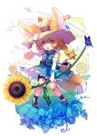  abiko_yuuji animal_ear_fluff animal_ears bangs bare_shoulders blonde_hair blue_dress bracelet brown_eyes bug butterfly dress elbow_gloves eyebrows_visible_through_hair flower food fox_ears fox_girl fox_tail fruit full_body gloves grass hat hat_belt highres holding holding_flower insect jewelry legs_apart long_hair open_mouth original solo standing summer sunflower tail teeth thigh_strap watermelon white_background white_gloves yellow_flower yellow_hat 