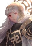  armor bangs commentary crown english_commentary fire_emblem fire_emblem_heroes hair_ornament juwei long_hair looking_at_viewer parted_lips red_eyes shoulder_armor solo veronica_(fire_emblem) white_hair 