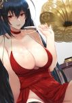  ahoge alcohol alternate_costume arm_support armpit_crease azur_lane bangs bare_shoulders black_hair black_legwear blush breasts champagne champagne_flute choker cleavage cocktail_dress collarbone commentary cup dress drinking_glass eyebrows_visible_through_hair groin hair_between_eyes hair_ornament hews_hack highres holding holding_cup large_breasts leaning_back licking_lips long_hair looking_at_viewer no_bra no_panties open_mouth pouring red_choker red_dress red_eyes sitting smile solo taihou_(azur_lane) thighhighs tongue tongue_out twitter_username very_long_hair wet 