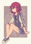  arm_support brown_eyes expressionless flower full_body highres idolmaster idolmaster_cinderella_girls jacket koi murakami_tomoe naname_(fossama1) open_clothes open_jacket red_hair shoes short_hair simple_background sitting skirt sleeves_pushed_up sneakers solo 