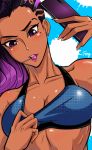  1girl asymmetrical_hair breasts candy cleavage dark_skin food lollipop mole mole_under_eye overwatch sombra_(overwatch) sports_bra sweat 