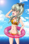 1girl anchovy artist_request beach bikini blush breasts curvy drill_hair eyebrows_visible_through_hair female girls_und_panzer green_hair hair_ribbon long_hair lsky open_mouth red_eyes ribbon shiny shiny_skin smile solo standing swimsuit twintails 