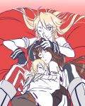  3girls american_flag blonde_hair blue_eyes braid brown_hair fingerless_gloves french_braid gloves headgear iowa_(kantai_collection) kantai_collection kongou_(kantai_collection) long_hair long_sleeves mismatched_legwear mukiki multiple_girls sleeping sleeping_on_person star star-shaped_pupils striped striped_legwear symbol-shaped_pupils vertical_stripes warspite_(kantai_collection) younger 