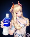  bangs blonde_hair blue_background blunt_bangs blurry bottle brand_name_imitation breasts choker closed_mouth demon_horns depth_of_field highres holding horns large_breasts long_hair looking_at_viewer mole mole_under_eye navel original pocari_sweat purple_eyes realistic signature solo w_ruwaki white_bikini_top 