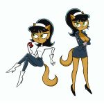  2018 aged_up anthro black_hair boots breasts brown_fur cat cleavage clothed clothing crossed_arms digital_media_(artwork) eating feline female flowerimh footwear fur gloves green_eyes hair high_heels kitty_katswell looking_at_viewer mammal nickelodeon pose shoes sitting skirt standing suit t.u.f.f._puppy turtleneck 