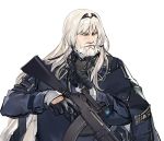  an-94 an-94_(girls_frontline) arm_strap assault_rifle bangs beard black_gloves black_hairband black_jacket black_ribbon blonde_hair blue_eyes closed_mouth commentary eyebrows facial_hair flipped_hair gas_mask genderswap genderswap_(ftm) girls_frontline gloves gun hairband holding holding_weapon jacket jacket_on_shoulders kws long_hair long_sleeves looking_to_the_side low_tied_hair male_focus manly mask mask_around_neck mask_removed military military_uniform mustache open_clothes ribbon rifle sidelocks simple_background solo tactical_clothes tied_hair trigger_discipline uniform upper_body v-shaped_eyebrows weapon white_background 