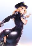  1girl aftersex areolae ass black_bodysuit blonde_hair blush bodysuit boku_no_hero_academia breasts breasts_outside cum cum_in_pussy curvy erect_nipples from_behind half-closed_eyes hat highres hips huge_ass kidmukuro large_breasts latex_bodysuit looking_at_viewer looking_back nipples no_bra no_panties parted_lips pink_lips police_hat pussy shiny shiny_clothes sideboob skin_tight solo thick_thighs thighs torn_bodysuit torn_clothes uncensored unzipped utsushimi_kemii v wide_hips 