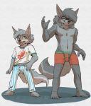  alex_(harmarist) anthro boxers_(clothing) brothers brown_eyes canine clothing cub duo eyes_closed eyewear fur glasses grey_fur harmarist male mammal navel open_mouth pajamas sibling simple_background standing teenager underwear will_(harmarist) wolf young 