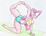  2018 anthro anthrofied biting_lip breasts butt cleavage clothed clothing equine eyes_closed female flexible flicker-show friendship_is_magic horse mammal my_little_pony nipple_bulge pinkie_pie_(mlp) pony shorts stretching yoga 