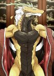  abs anthro antlers athletic beard black_scales blue_eyes clothing detailed_background dragon eastern_dragon facial_hair hair horn invalid_tag luxury_gin male nude robe scales solo spread_arms standing tan_skin undressing whiskers white_hair 