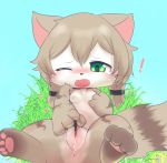  1girl apricolor1 blush breasts brown_hair cat cat_busters furry green_eyes long_hair nipples one_eye_closed open_mouth pussy solo uncensored 