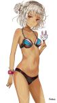  altera_(fate) alternate_costume bangs bare_arms bare_legs bare_shoulders bikini black_bikini_bottom blunt_bangs bracelet breasts closed_mouth collarbone commentary dark_skin eyebrows_visible_through_hair fate/grand_order fate_(series) flower fou_(fate/grand_order) frown_(wonderland85711) full_body_tattoo headdress jewelry leg_tattoo legs looking_at_viewer navel red_eyes shiny shiny_skin short_hair silver_hair simple_background small_breasts solo standing stomach_tattoo swimsuit symbol_commentary tan tattoo thighs tied_hair white_background 