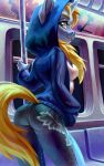  anthro blonde_hair blue_eyes breasts butt butt_pose clothed clothing equine fan_character female fully_clothed hair holivi hoodie horn jeans looking_at_viewer looking_back mammal my_little_pony pants solo subway unicorn 