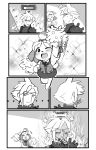  animal_crossing anthro canine cheerleader chinad011 cloud_strife comic dog english_text female greyscale human isabelle_(animal_crossing) male mammal melee_weapon monochrome nintendo shih_tzu sword text video_games weapon 