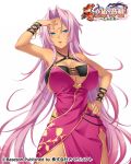  arm_up armpits bibyo blue_eyes bracelet breasts china_dress chinese_clothes cleavage commentary_request cowboy_shot dark_skin dress facial_mark forehead_mark hair_intakes hand_on_hip hand_on_own_forehead hand_on_own_head jewelry koihime_musou large_breasts long_hair official_art pink_hair red_dress shin_koihime_musou solo sonken_bundai very_long_hair 