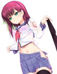  angel_beats! black_legwear bow bra breasts cowboy_shot green_eyes hair_bow hairband legwear_removed medium_breasts navel otou_(otou_san) panties pink_bra pink_panties purple_hair see-through shinda_sekai_sensen_uniform simple_background solo unbuttoned underwear undressing wet wet_clothes white_background yuri_(angel_beats!) 